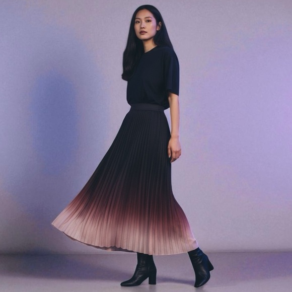 Micro Pleated Ombre Black to Pink Midi Skirt Women’s Large - Picture 6 of 11